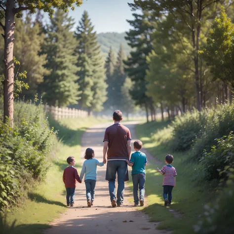 make a family of 5 people, father, mother and 3 children they must be happy They must be in a field with a lot of nature they playing pranks Ultra realistic photo, 8k quality, full hd --auto --s2