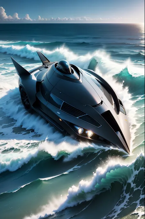 Futuristic vehicle speeding along the coastal highway、Electric engine roars while racing against the waves of the ocean