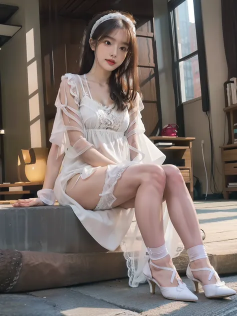 (full body:1.5)，(1girl:1.3)，(anatomy correct:1.3),(Sitting quietly on a stone in the living room:1.2),(A pure White lace dress :1.2),( girl pointed thick heels and White lace calf socks :1.1)，(Accurate and perfect face:1.3),hyper HD, Ray traching, reflecti...