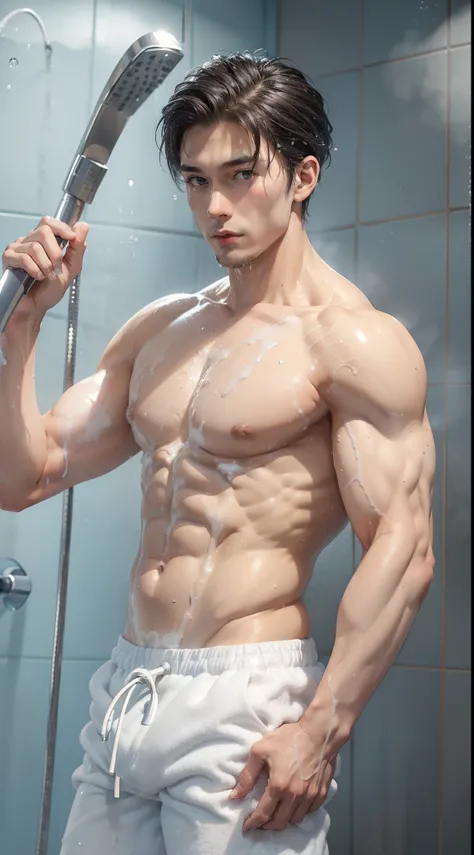 ((Man in the shower, Bubble bath, foamy)), Male, Tik, ,swim trunks，musculature，short white detailed hair。frontage，Sun-protective clothing，chest muscle，Abs