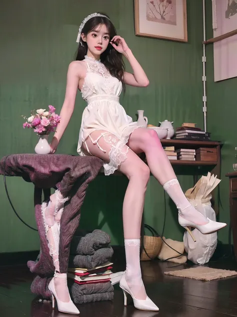 (full body:1.5)，(1girl:1.3)，(anatomy correct:1.3),(Sitting quietly on a stone in the living room:1.2),(A pure White lace dress :1.2),( girl pointed thick heels and White lace calf socks :1.1)，(Accurate and perfect face:1.3),hyper HD, Ray traching, reflecti...