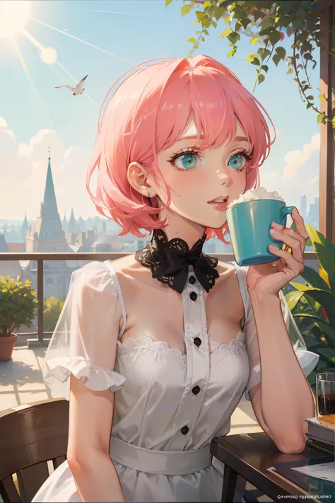 (Best quality), (masterpiece), (ultra detail), (movie poster), A cute girl, highly detailed face, determined face, green crystal eyes, pink hair, upper body, very very short hair like Audrey Hepburn in Sabrina, enjoying cozy time having a cup of coffee in ...