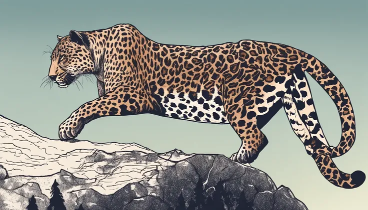 MAKE A HAND-DRAWN IMAGE OF A MAN IN A CAPE FACING A FEROCIOUS LEOPARD ON A MOUNTAIN.