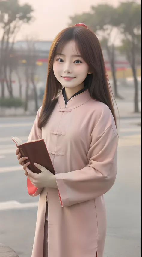 A beautiful Chinese medicine girl，child，Real Human，Holding a book，Perfect look，Sweet and cute，Bright，China-style，National tide wind，k hd，The details were perfect，Skin health，Frontal whole body，grin，Recolored，precision，Photo style。