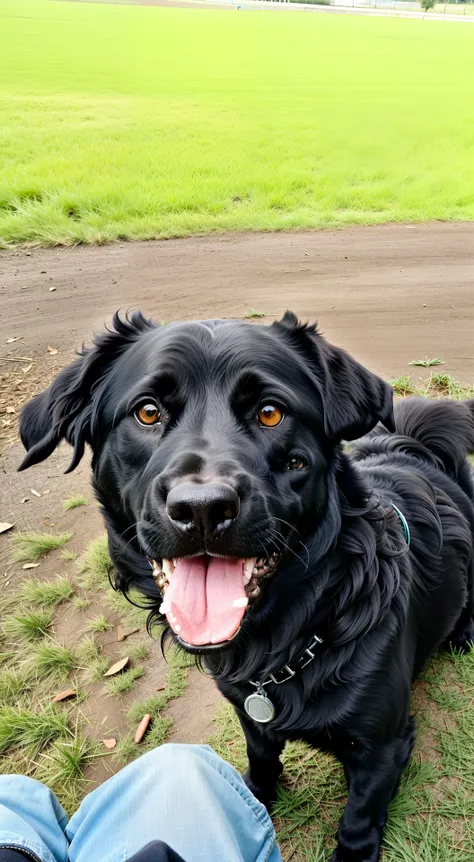 there is a black dog standing in the grass with a persons feet, happily smiling at the camera, a handsome, happy dog, looking to...