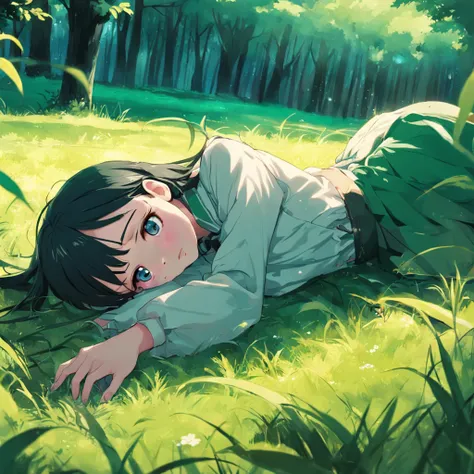 tmasterpiece，best qualtiy，high detal，style of anime，A cute girl lying on the grass。