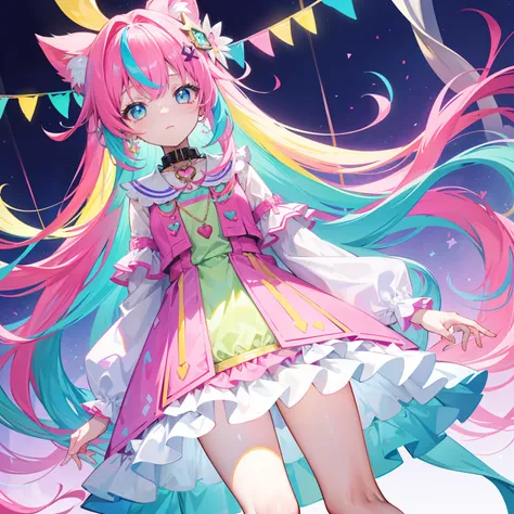 A multicolored light background，Long hair with a bright pink purple transparent gum texture，in pink、Matching blue and white clothes，yellow and greens，Cyan matching accessory pendant embellishment，It is a very sweet and sweet loli girl