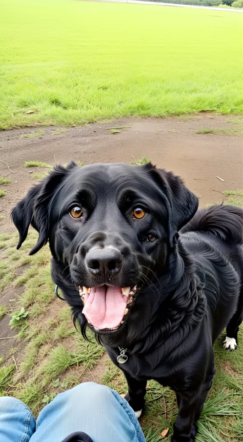 there is a black dog standing in the grass with a persons feet, happily smiling at the camera, a handsome, happy dog, looking towards the camera, very handsome, looking straight to camera, smiling coyly, good face, nice face, with wet faces!!, looking stra...