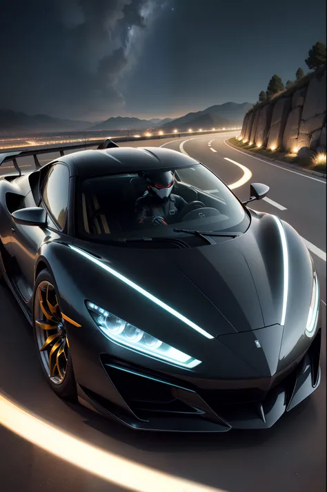 Futuristic cars、With its sleek curves and bright headlights,、Stand out against the vast expanses of the night sky