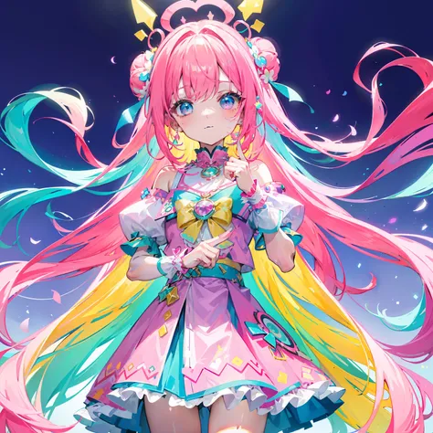 A multicolored light background，Long hair with a bright pink purple transparent gum texture，in pink、Matching blue and white clothes，yellow and greens，Cyan matching accessory pendant embellishment，It is a very sweet and sweet loli girl