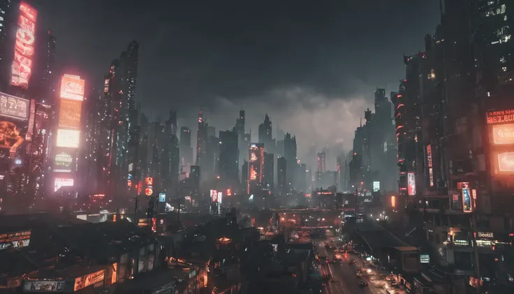 The view from a road, an apocalyptic city with Cyberpunk style