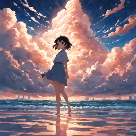 "obra maestra, mejor calidad, Still film, 1人の女の子, Cloud Girl, flotando en el cielo, primer plano, brillante, feliz, soft warm lighting, puesta de sol, chispas: 0,7"