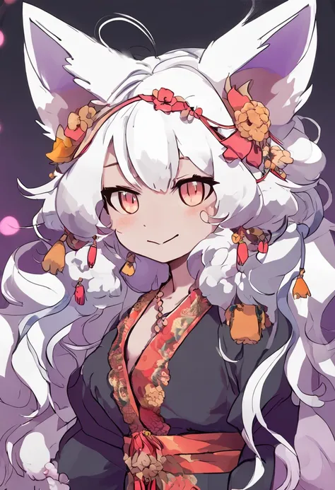 1girl in, Fox fur, Furry, Round bell hair ornament、Smiling expression、Straight ahead, (White fox ears), kimono, Portrait, Purple background, Short hair, (bright white hair) Curly hair, (((hair over eyes))), Highest Quality, Adult, masutepiece, absurderes, ...