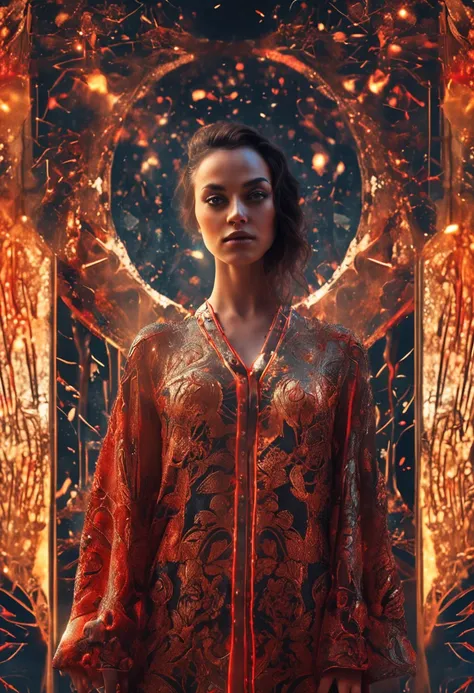 Close-up, ((beautiful woman in gilded pajamas with black and red pattern and ornament meditates)), in the background a magical portal shrouded in a fantastic mist, stunning digital art object, divine atmosphere, diamond glitter, digital art, bright, beauti...