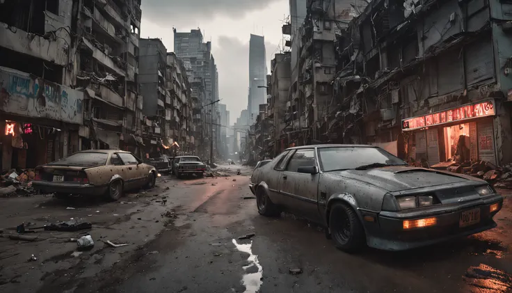 The view from a road, an apocalyptic city with Cyberpunk style