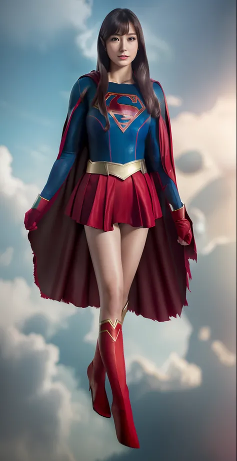 (((Make the most of the original image)))、(((Supergirl Costume)))、(((lustrous dark hair)))、(((Suffering)))、(((The cloak is red)))、((Wearing black stockings))、((Top image quality、8K))、((top-quality、8K、​masterpiece:1.3))、Crisp focus:1.2、Beautiful woman with ...