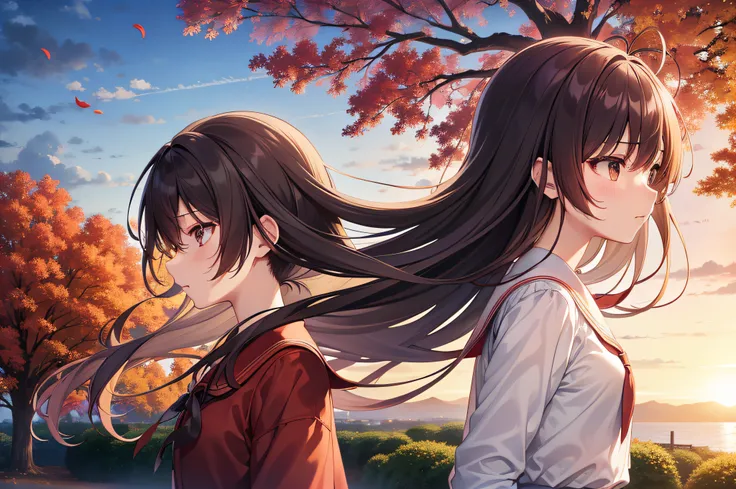 Colored leaves、Red leaves、Shinkai Makotokaze、​masterpiece、top-quality、超A high resolution、8K、realisitic、Highly detailed CG、ultra-detailliert、finely detail、femele、hi-school girl、white  clothes、Transparent skin、Hair swaying in the wind、A wistful look、frombelo...