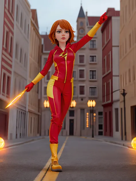 Emma Stone cosplay de o flash |, uniforme de armadura vermelha, no fundo uma cidade, detalhes ultra, Ultra realista, cinemactic, octan render, 16k,(Red jumpsuit with yellow ray on the chest) , correndo em alta velocidade