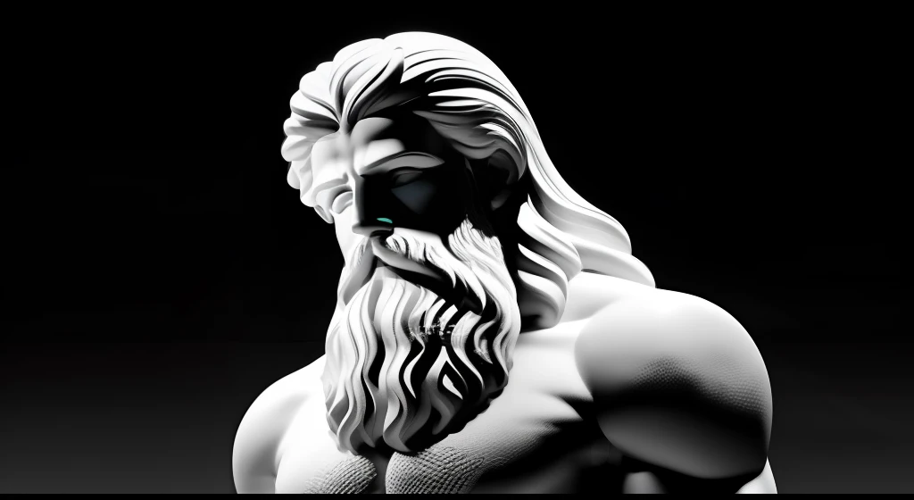 mythological. Deus grego Poseidon. obra-prima esculpida de corpo inteiro segurando seu tridente. Imagined intricate statue extremely realistic monochrome colors with black background, cinematografico, Stoic philosophy