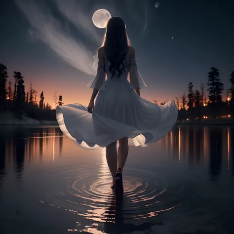 arafed woman in a red dress walking on water at night, the moon behind her, she is walking on a river, deusa da lua, deusa da lu...