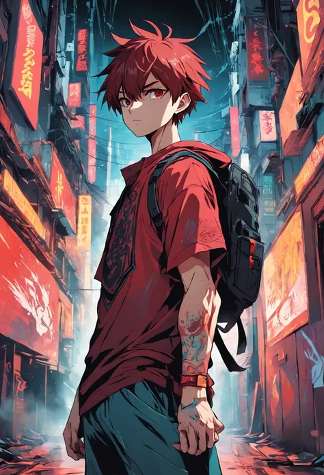 Vector T-shirt Art ready to print dark red graffiti illustration of a young man, cyberpunk, perspectiva frontal, action shot, Color vibrante, High detail