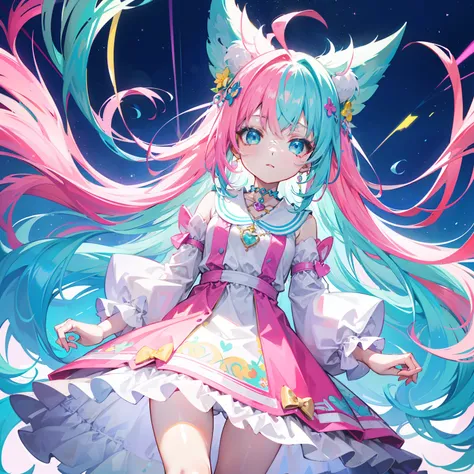 Colorful light background，long whitr hair，Has a bright pinkish-purple transparent gum texture，In pink、Wear yours with blue and white，yellow and greens，Cyan matching accessories pendant decoration，This is a very sweet and sweet loli girl