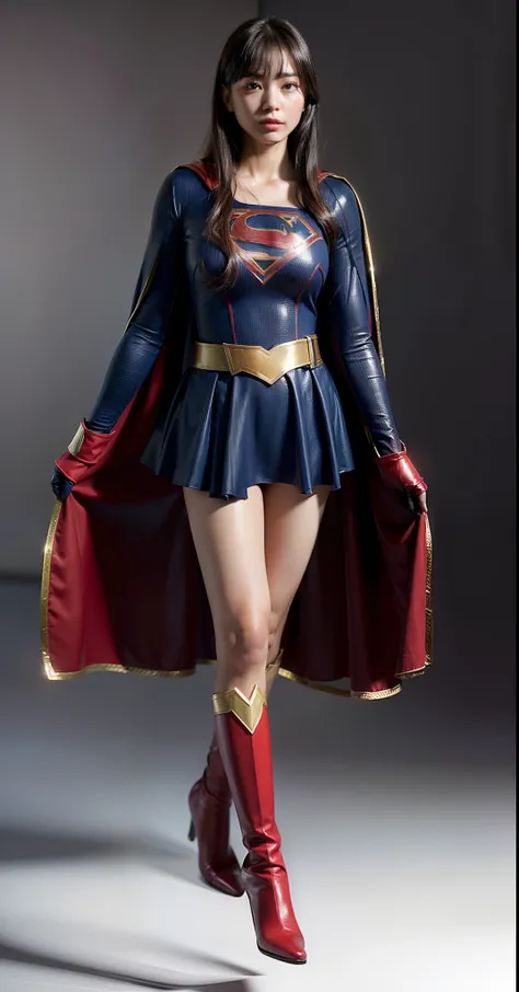 (((Make the most of the original image)))、(((Supergirl Costume)))、(((lustrous dark hair)))、(((Suffering)))、(((The cloak is red)))、((Wearing black stockings))、((Top image quality、8K))、((top-quality、8K、​masterpiece:1.3))、Crisp focus:1.2、Beautiful woman with ...