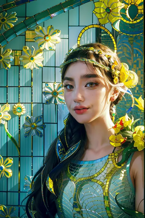 20-year-old woman, yellow fishtail braid, expressive eyes, smirk, makeup, eyelashes, nose, neck, beautiful full shoulders, against a background of huge bright flowers, (mosaic:1.2), (Venetian glass:1.7), (Illustration, Painting, Oil, Gouache, USA:0.5), sty...