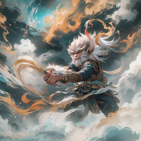 Colorful clouds，Dancing in the sky, wukong (black myth),  Ink painting style, Clean colors, decisive cutting, White space, freehand brushwork, Soft lighting，dreamy glow， ( Bokeh)，Masterpiece, Super detailed, Epic composition, Highest quality, 4K，