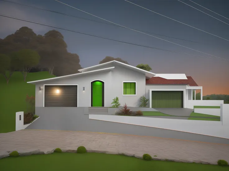 There is a small white house with a red roof and a green door, em um terreno arborizado com campo grama, Lumion Pro Rendering, Directed by: CeFerí Olivé,Vista exterior, gramado muito verde em frente, Caisa completa, vista externa, imagem de listagem, image...