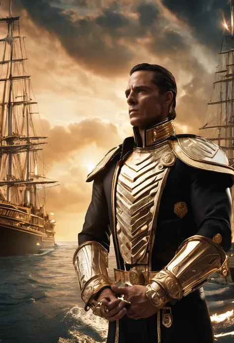 1man, a 25-year-old muscular man, the captains authority is emphasized by golden embellishments that catch the light.In the background, the opulent battle ship elegantly navigates the waters, its sleek white design complemented by vibrant deck lights. The ...