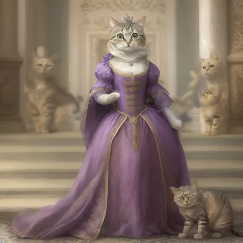 kallie, cat anatomy, anthropomorphic:.07, standing on hind legs, wearing a renaissance dress, elegant purple dress, tiara, cute paws for hands, in a grand royal foyer, highly detailed,