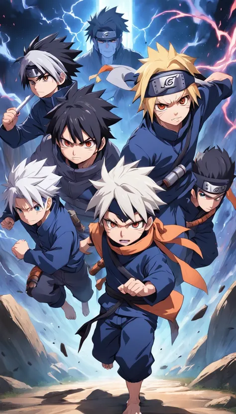 Naruto, Kakashi Hatake, Sasuke, Meisterwerk, Affen Jungen, epischer Kampf, cooles Ninja-Outfit, rauchige Hintergrundszene