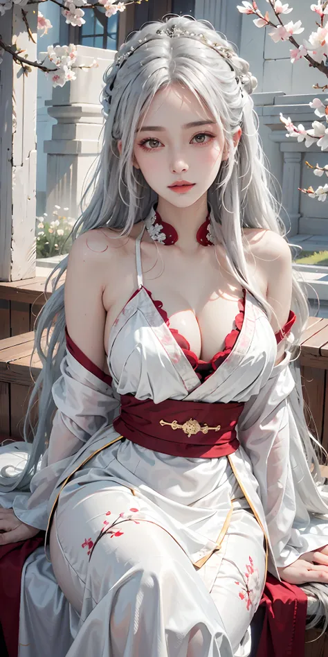 photorealistic, high resolution, soft light,1women, solo, hips up, shining skin, (detailed face),tattoo, jewelry, white hair, wedding hanfu, full red clothes, cherry blossom, night, white wavy hair, Beautiful Soldier, Eyes That Invite Viewer, Lovers Perspe...