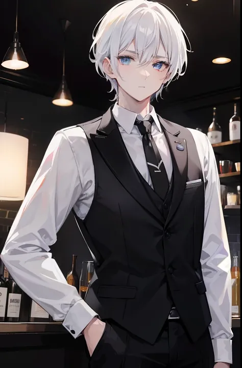 +A young man with white hair in a stylish suit and tie,+ bartending,+ vibrant lighting,