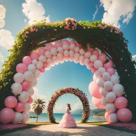 An arch with 100 pink balloons (Arch-shaped panels in the background (com flores cor de rosa e folhas verdes) um bolo em formato de rosa (com nome Frantchesca no topo do bolo) em cima de uma mesa cilindro transparente