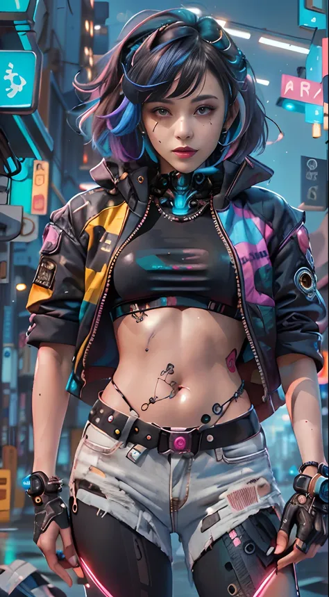 master part, melhor qualidade, 1 garota cyberpunk, tiro de corpo inteiro, standing in front of the motorcycle, olhando para o vi...