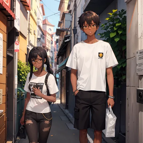 Alley,1girl,walking,black dark skin,girl,long black hair,brazilian,tall girl,black eyes,round glasses,medium boobs,medium hips,photo,standing,ripped long shorts,white shirt,