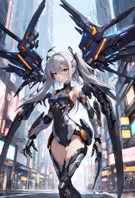 From Side、top-quality、ighly detailed、​masterpiece、ultra-detailliert、illustratio、((1girl in))、silber hair、length hair、Floating hair、Exoskeleton tights、mechs、Cyber City、Neon building、(The upper part of the body:1.05)、extremely_Detailed_Eyes_And_Face,cybernet...