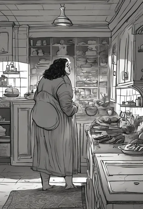 Imagine a scene where an extremely obese woman, carrying a weight well beyond 500 kilograms, stands in her kitchen. She is engulfed by an overwhelming sense of sadness as she slowly consumes a hamburger. The lighting in the kitchen is soft and dim, casting...