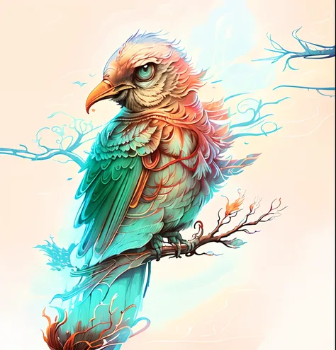 There is a bird sitting on a branch with a blue and orange beak, in illustration style digital, Aves f CGSetalation, baixo detalhamento. pintura digital, a beautiful artwork illustration, a surrealistic bird, arte do Adobe Illustrator, stunning digital ill...