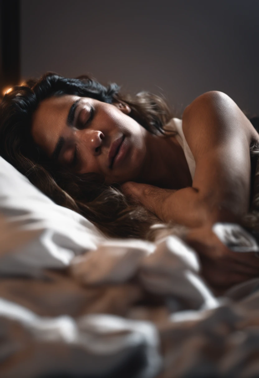 ma person lying on a bed with their hands under their pillow and their eyes closed, 8k unidade render, action shot, poros da pele, very dark lighting, sombreamento pesado, circunstanciado, rosto detalhado, (Vibrando, Fotografia realista, Realistic, Dramati...