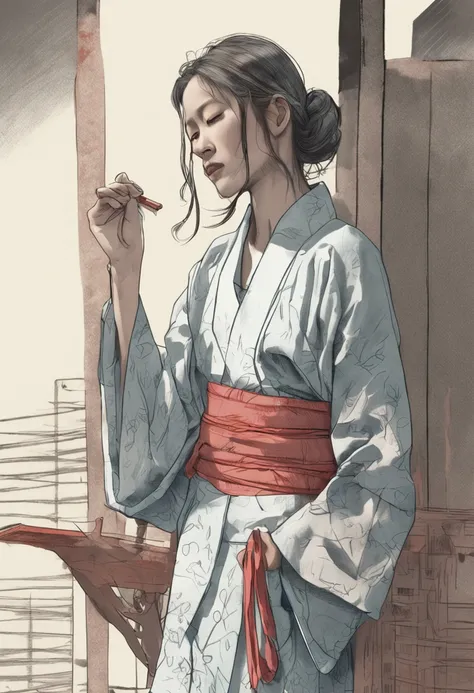 Drawing of a woman in a yukata、Realistic anatomical reference sketch、Art Reference Sketch、Intricate details、Shallow depth of field、Pencil Drawing、uncultivated々Pencil lines