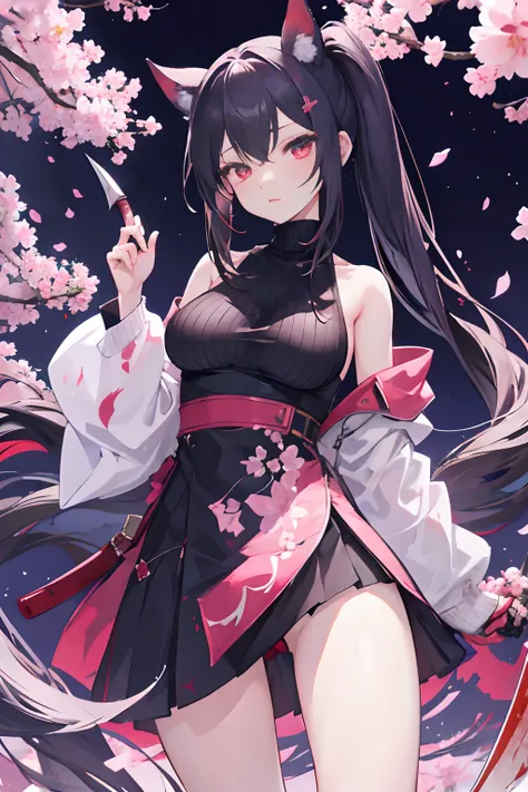 1girl in、nightcity、Sateen、A sweater with protruding shoulders that show cleavage、A dark-haired、Holding a weapon with blood on it、Looking at the camera、Cherry blossoms are dancing、poneyTail、Niō Standing、Holding a knife、Pointed mouth、Ordinary girl、