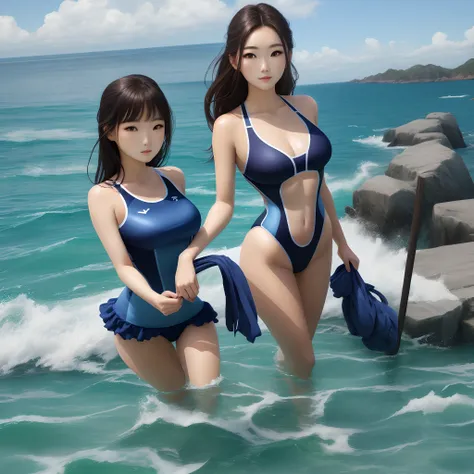 Beautuful Women，Three-point swimsuit，the sea