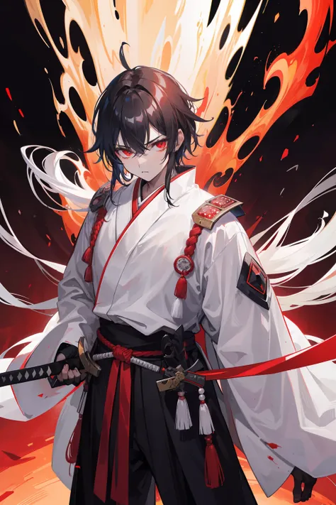 cabelos preto e longos，Red-eyed teenage man，Stand on an empty street at night，extreme hight detail，White jacket，Black Hakama，Aoba Ori，Holding a huge blood-colored weapon in one hand，A Japanese style，Intimidating，Engulfed in flames、Sword