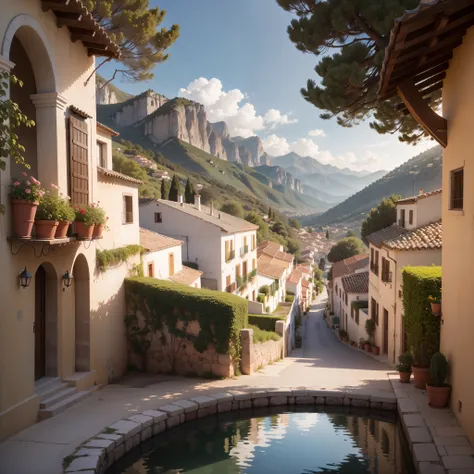 "Paisaje de naturaleza, Classic Spanish Village, atardecer, alta calidad, detalles minuciosos".