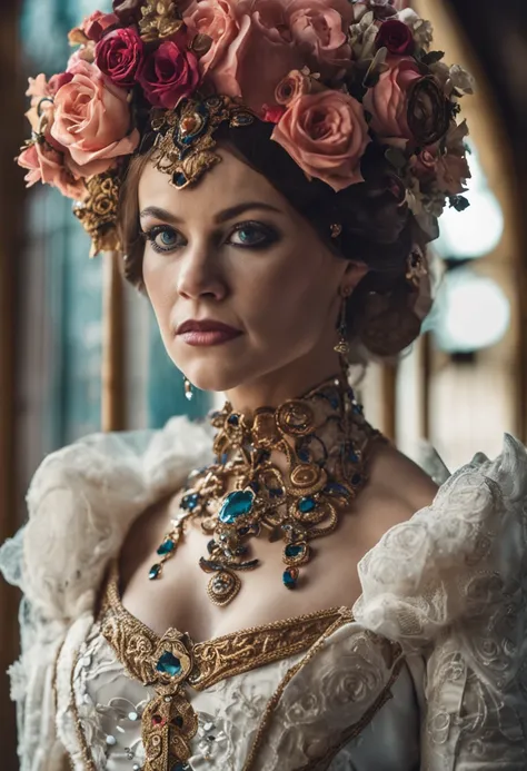 Wedding Portrait Photography: female, radiant skin, fairytale gothic, Gustav Klimt influence, captivating sapphire eyes, portraying as a streamlined Victorian robot, romantic, fantastical, ultra HD, elaborately detailed, 8k by Yervant Photography