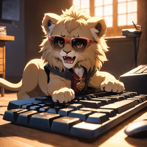 master part, A lion cub, estilo matricial, casaco Preto, digitando num teclado, sentado em uma cadeira na frente do PC, sun glasses, Dynamic angle, melhor qualidade, 4k,