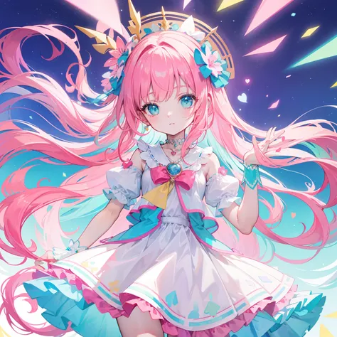 Colorful light background，long whitr hair，Has a bright pinkish-purple transparent gum texture，In pink、Wear yours with blue and white，yellow and greens，Cyan matching accessories pendant decoration，This is a very sweet and sweet loli girl